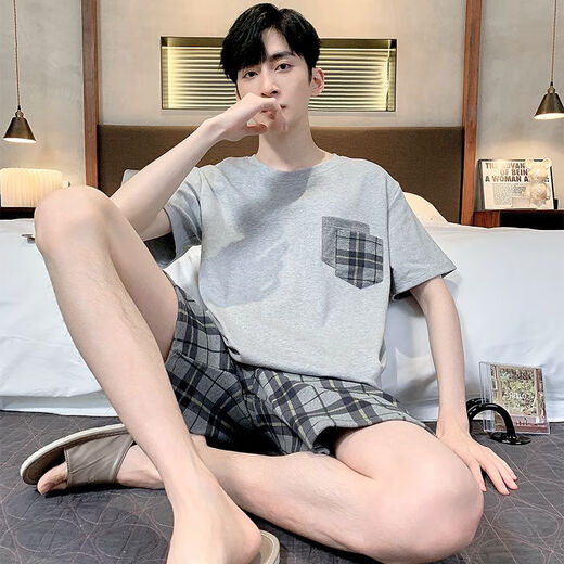 慕枫晴男士睡衣男夏棉质加肥加大码中年家居服夏短袖短裤青年薄半袖 9928 短-袖短裤 L 【建议95-125斤】