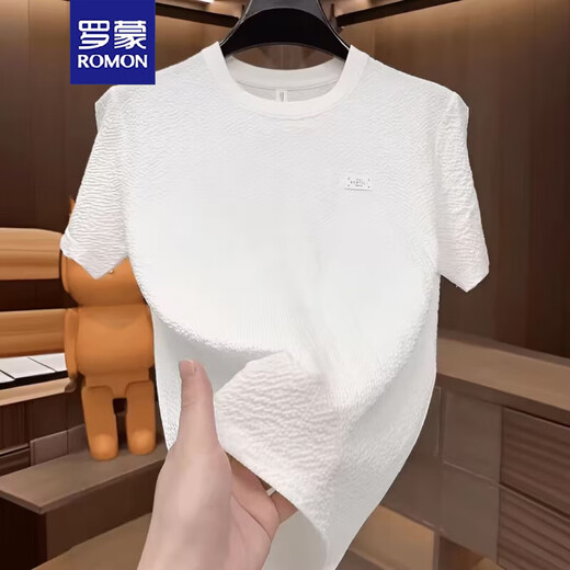 ROMON 2025 neues Sommer-Eis-Seiden-Textur-gesticktes Logo Rundhals-Herren-Kurzarm-Mode-Halbarm-vielseitiges, leichtes Luxus-T-Shirt für Herren-Sommer-Kurzarm 6628 Weiß 2XL 135-150Jin Jin entspricht 0,5 kg