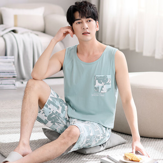 
Modal pajamas men's summer modal vest shorts home clothes summer thin sleeveless men's men can wear out suit M1047 gray blue M [Suggested 100-120 Jin [Jin equals 0.5 kg]]