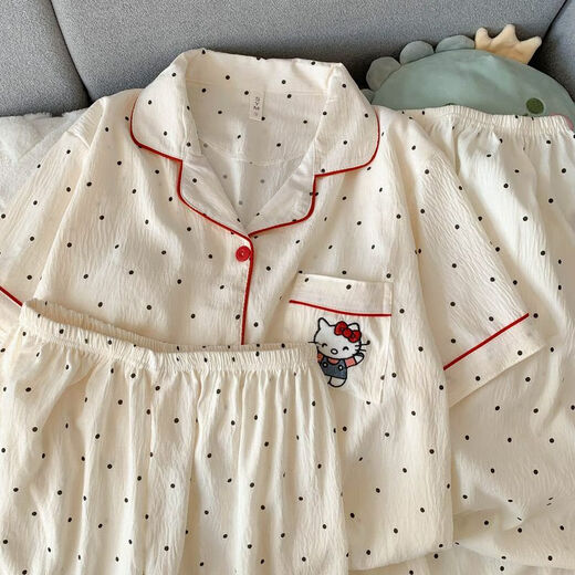 Außerdem Pyjama mit Brustpolster für Frauen, Sommerwolken-Baumwoll-Kurzarmhose, lose große dünne Sommer-Drei-teilige Set, Heimkleidung, H9928 Polka Dot KT Katze, brustloses Pad l