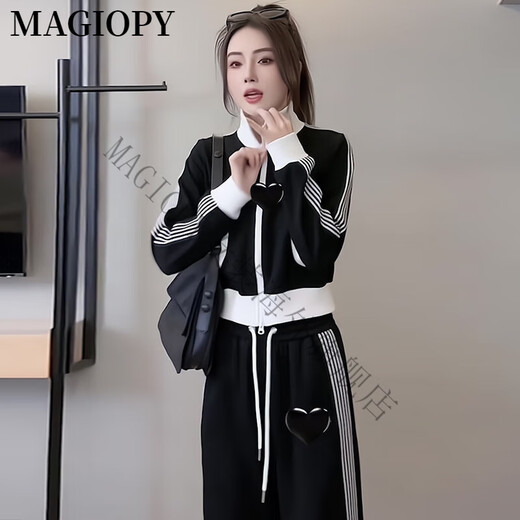 MAGIOPY国际奢侈高档品牌网红同款休闲运动套装女装秋季时尚减龄黑色外套 黑色 S(100斤以内)
