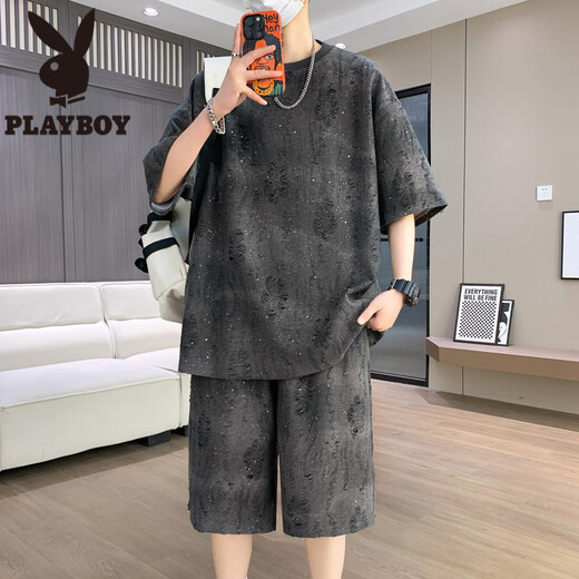 花花公子（PLAYBOY）夏季薄款酷帅套装男2025年新款帅气穿搭一套短裤短袖t恤休闲运动 T6630米白套装 4XL 175-190斤