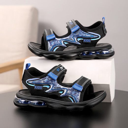 Children's shoes 2025 summer style children's sandals for boys, medium and large children, soft-soled beach shoes, sports sandals, outdoor leisure 1926 black lake blue, size 41/shoe inner length about 264cm