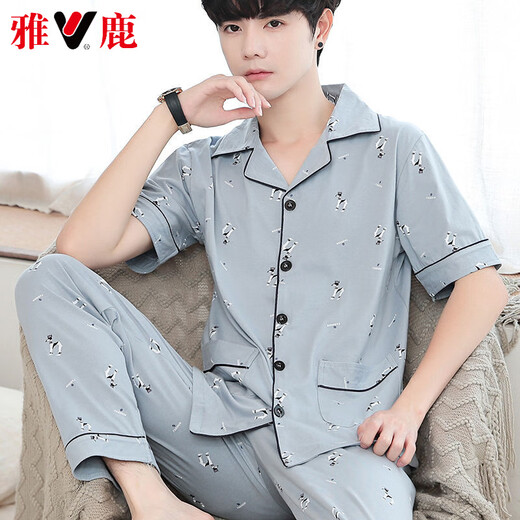 Yalu high-end 2025 new pure cotton pajamas for men's summer thin short-sleeved trousers for home clothes thin large-size suit Double bag pure cotton short-sleeved trousers 691 L Weight 100-130Jin [Jin equals 0.5 kg]