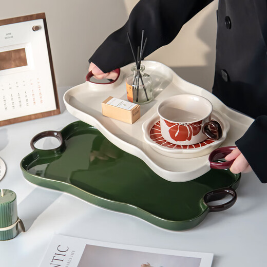 SUCCOHOMEWARE retro cream style ceramic binaural tray dinner plate tea tray household cup and saucer drain tray living room desktop storage tray green-ceramic tray