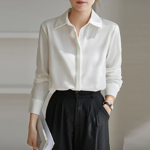 New Hong Kong Style Acetate White Shirt Women's Long Sleeve Professional Loose Commuting Retro Women's Shirt Business Wear 9102 White - Satin Concealed Button L Recommended 110-120 Jin Jin equals 0.5 kg
