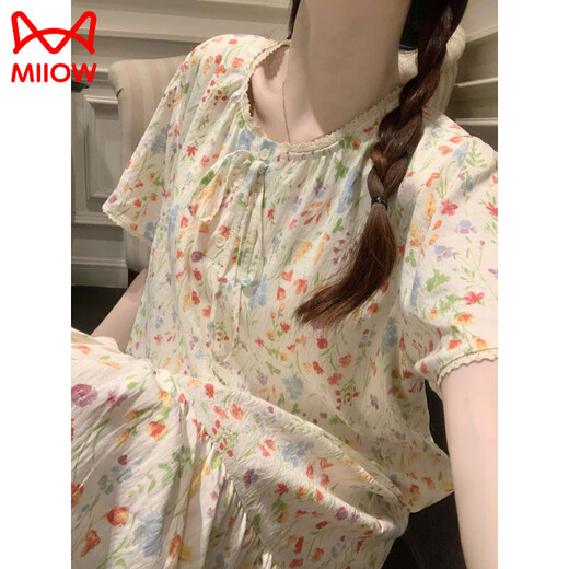猫人（MiiOW）公主风睡衣女款夏季带胸垫彩色碎花田园风短袖睡裙2025新款家居服 16862缤纷花草固定胸垫 2XL 175