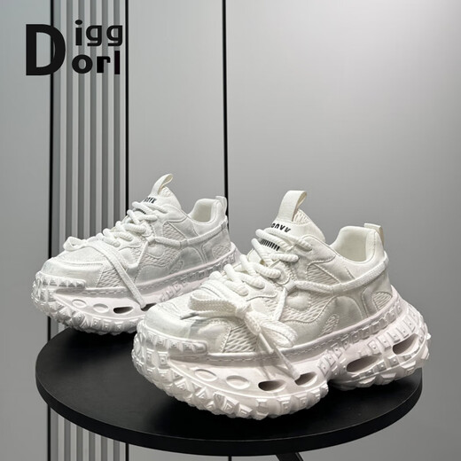 Diggorl Hong Kong trendy brand men's shoes tire daddy shoes 2025 autumn new breathable mesh thick-soled sports and leisure shoes for men white 38 standard leather shoe size