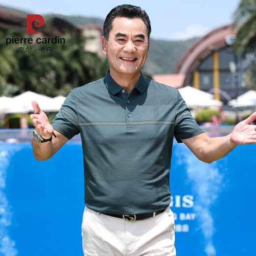 皮尔卡丹（pierre cardin）爸爸短袖T恤夏装中年男士冰丝半袖中老年爷爷宽松上衣父亲Polo衫 6188灰绿 真口袋 M 165 115斤以下