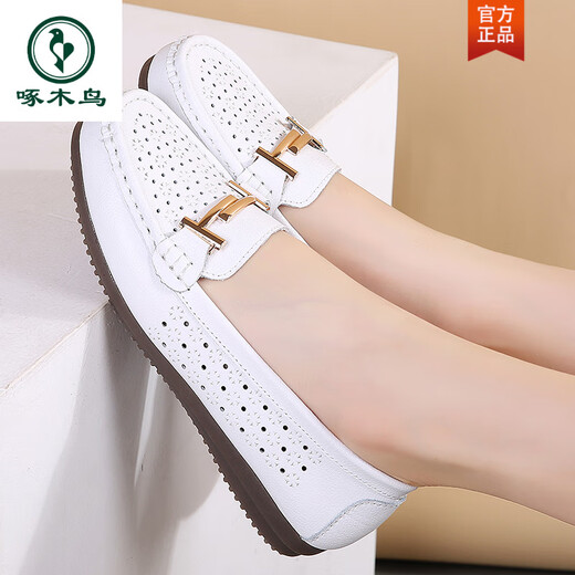 Woodpecker 2025, летние туфли на плоской подошве, мягкая подошва, туфли-бобы с мелким вырезом, повседневные туфли для мам среднего возраста, универсальные женские туфли с круглым носком, 6630, белый 35