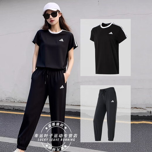 阿迪达斯（adidas）女装运动套装 2025夏新款休闲三条纹短袖T恤衫宽松长裤 两件套  两件套/休闲时尚 S