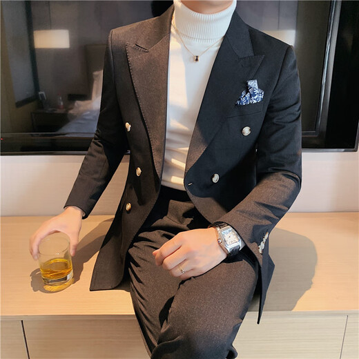 Jason's casual suit men's slim British double-breasted suit suit men's business professional formal groom's wedding dress blue (suit + pants) XL