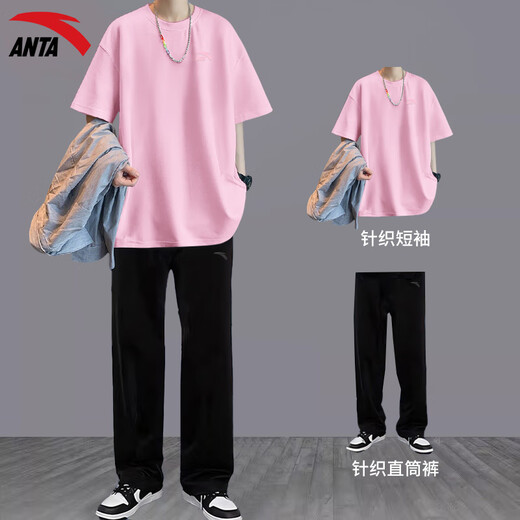 安踏运动套装男2025年夏新款纯棉短袖T恤长裤运动服青少年休闲两件套 【套装】-1纯净白 L/175