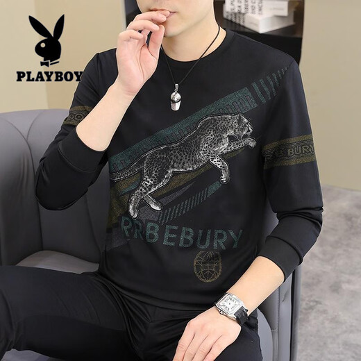 Playboy (Playboy) 2025 Frühlings- und Herbst-New-Männer-Langarm-T-Shirt Kleines Hemd Personalisiertes europäisches Sweatshirt-Basis-Hemd Plus-Größe Herren-Top [Frühling und Herbst] 6628 Black Dünn M 90-115jin [Jin gleich 0,5 kg]