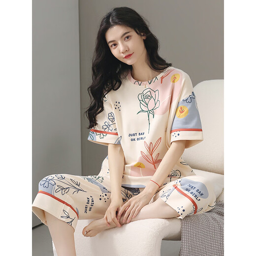 Cat Man Pure Cotton Pyjamas Femme 2025 Été NOUVEAU FEMME À MARCHES CARRIÉS PANTÉ CRARDED SET Été Élégant costume Summer Yr: 6189 Blue Wreath Rabbit White Pantal