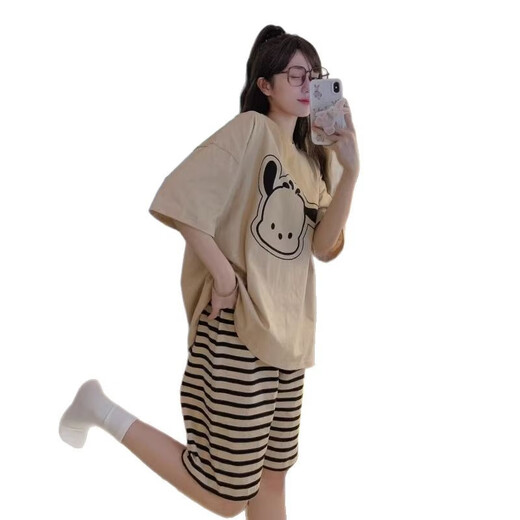 旭杉斯女士睡衣夏季薄款短袖短裤套装宽松大码卡通夏天少女可爱风家居服 679绿恐龙 M  建议80-90斤