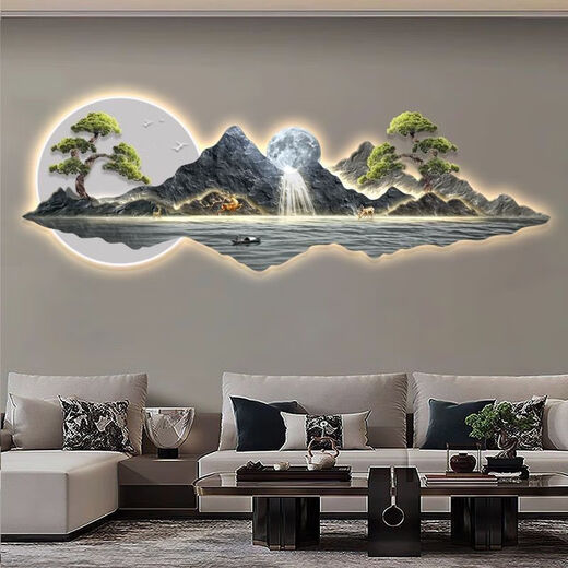 时鸟流水生财山水画新中式客厅装饰画沙发背景墙挂画大气茶室壁饰 13548 210*70精雕晶瓷画-无灯款