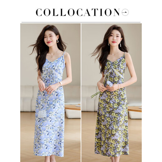 OLJ Robe de marque haut de gamme pour femmes 2025 Été Nouveau jupe de moquette de mode floral et floral imprimé Blue 2xl 130-140jin [Jin est égal à 0,5 kg]