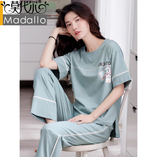 莫代尔睡衣女款夏季2025新款纯棉薄款宽松家居服短袖长裤休闲可外穿套装 7371 2XL 【建议140-160斤】