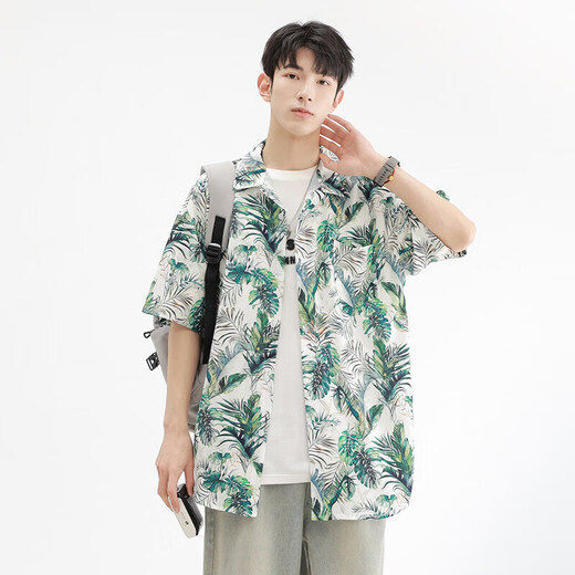 Kurashi Ichiki 2025 summer loose and comfortable ice silk cool short-sleeved shirt men's Hawaiian beach flower shirt jacket 6629 Madagascar black L