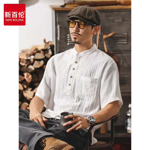 New Balance Chinese retro linen shirt men's short-sleeved summer new old money style Henry collar thin casual white shirt white L suitable for 120-140Jin Jin equals 0.5 kg