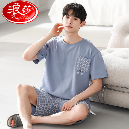 浪莎（LangSha）睡衣男款男士夏季棉绸短袖2025新款夏天青少年恬淡家居服套装夏款 YSX:9720深色格子裤 棉绸套 头短 L 【不起球/不褪色】