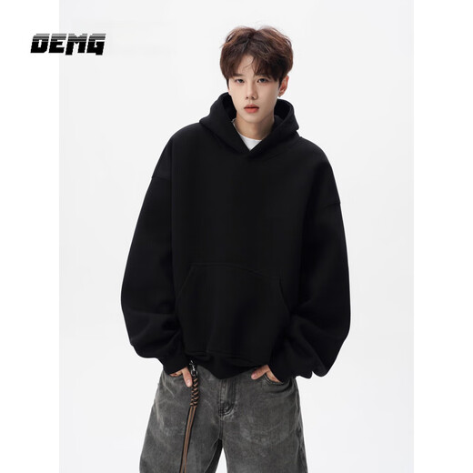 OEMG heavyweight 400G velvet thickened hooded sweatshirt for men in autumn and winter American high street jacket trendy brand loose hoodie black XL recommended 110-130Jin Jin equals 0.5 kg