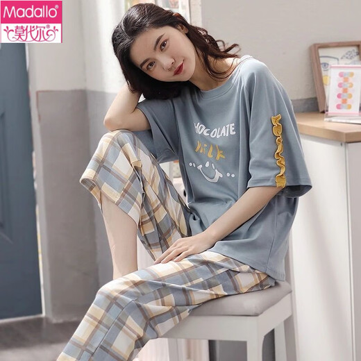 莫代尔短袖睡衣女夏季纯棉质春秋季女士宽松大码可外穿七分裤家居服套装 D679#【七分裤套装】 玩具熊 M 【建议95斤以内】