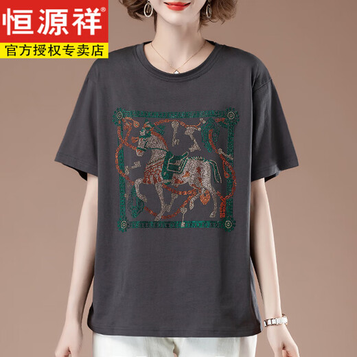 恒源祥胖mm短袖t恤女夏季大码宽松纯棉烫钻中年妈妈显瘦全棉薄款上衣女 黑色【9896款】 XL 115-130斤