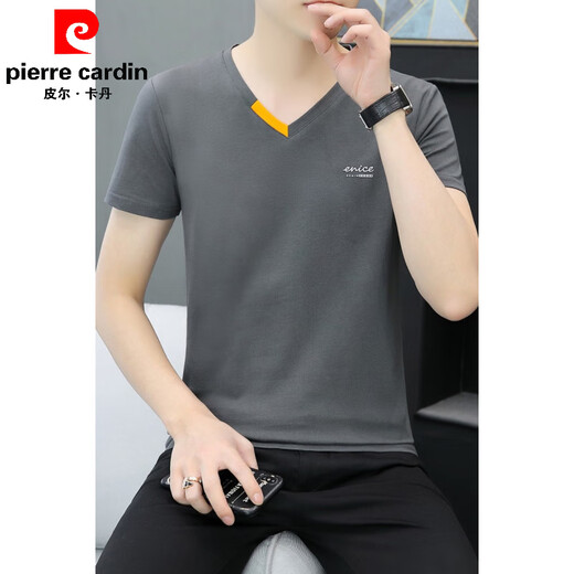 皮尔卡丹（pierre cardin）夏装新款高档纯色纯棉男短袖潮牌t恤打底衫V领体恤潮流半袖上衣服 白色qy691 M 90-100斤