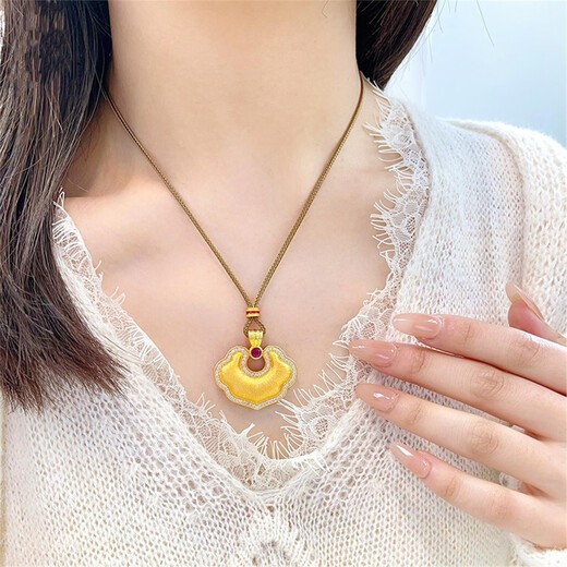 Laomiao Gold Shop Necklace Ancient Method Real Gold Packed with Silver Dots and Diamonds Brushed Auspicious Ruyi Lock Pendant Women's Light Luxury Brushed Ruyi Lock Pendant Single Pendant