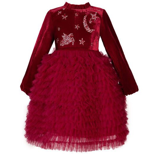 Girls Princess Dress Spring and Autumn 2025 New Spring Dress Girls Style Puffy Skirt Fashionable Children's Dress Spring 325 Burgundy Single Liner Free Pearl Headband 120 Recommended 33-40Jin Jin is equal to 0.5 kg