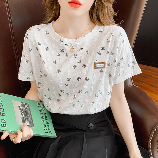 Pierre Cardin pure cotton short-sleeved T-shirt for women white half-sleeved T-shirt summer 2025 new Korean style loose women's summer top 810 blue square + 897 three-color flower S recommended 95Jin Jin equal to within 0.5 kg