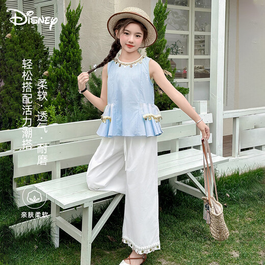 Disney girls suit summer thin girl bohemian sleeveless t-shirt wide-leg pants suit TD2ET012 blue and white 140