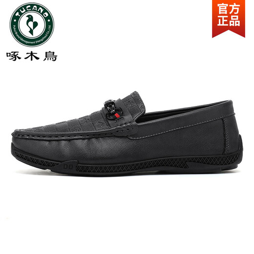 啄木鸟牛皮男鞋一脚蹬休闲鞋夏季新款软底豆豆鞋真皮耐磨男鞋皮鞋休闲鞋 2629 黑色 40