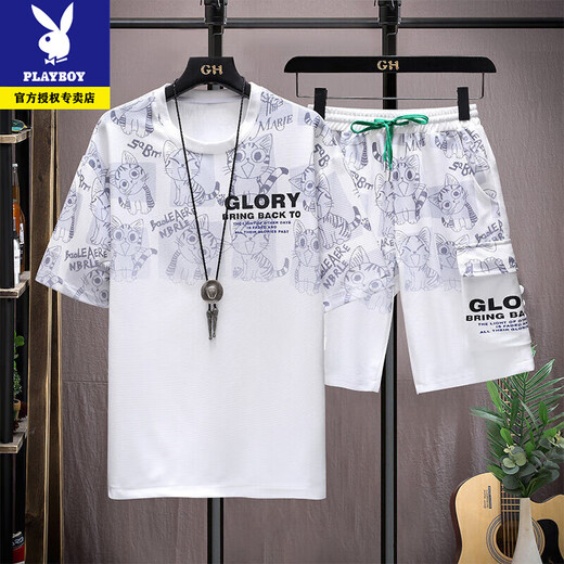 Los nuevos pantalones cortos de manga cortos de Playboy's Summer Products se establecen una camiseta informal coreana, pantalones de cinco cuartos, traje deportivo juvenil de dos piezas, azul 6187-set XL