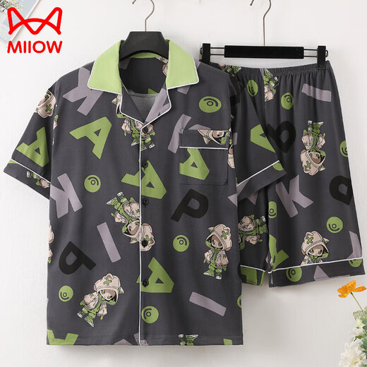 Catman (MiiOW) summer short-sleeved thin cotton pajamas men's home clothing set summer cartoon print Korean version handsome young man 3271 short-sleeved cover M (70-100Jin [Jin equals 0.5 kg])