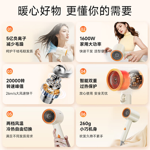 苏泊尔（SUPOR）5亿负离子护发电吹风 可折叠便携速干吹风机 家用宿舍风筒 EHDL-F844A 米橙 送女友生日/节日礼物