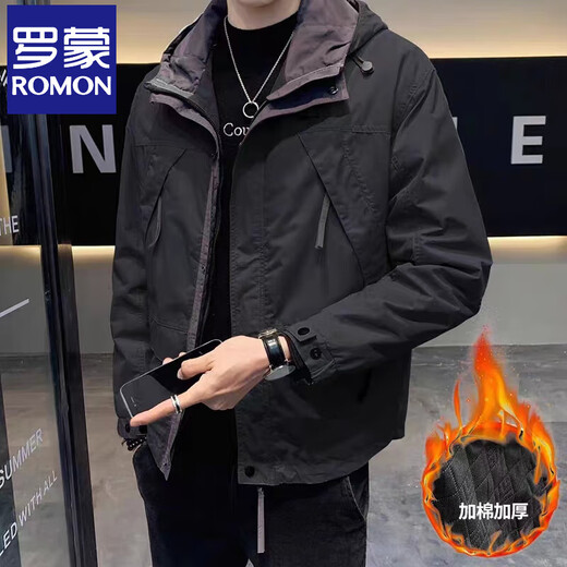 Romon Jacket Men's Autumn and Winter 2025 New Trendy Velvet Charge Top Men's Double Layer Casual Hooded Work Clothes Black Velvet Thickening It is recommended to go up one size XL Recommended 135-150 Jin Jin is equal to 0.5 kg