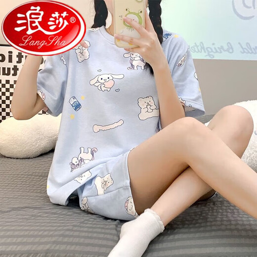 Langsha cotton pajamas for women short-sleeved cartoon round neck loose large size shorts student home clothes summer thin suit skin color 1047 puppy M