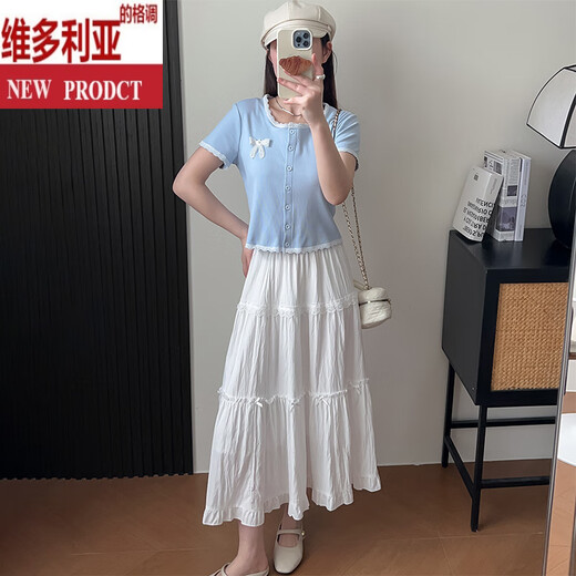 Victorias Stil Purer Sommer-Outfit-Anzug für Frauen 2025 Neue kleine Person, die größer und zweiteiliger weißer Rock aussieht, blaues Top + weißer Rock s