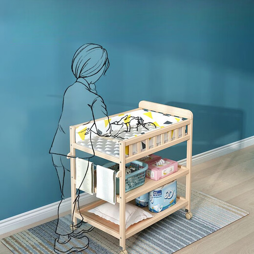 Jiaojing Diaper Table Bath Table Two-in-One Newborn Diaper Changing Table Baby Care Table Diaper Changing Multifunctional Baby 2 Luxurious Double Layer Model - All Solid Wood Partitions Multifunctional Nursing Table + Blue Ocean Nursing Pad