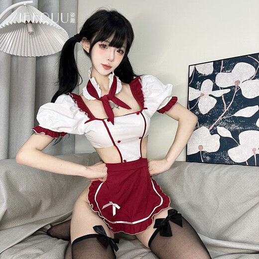 Lustige und rein rote Maid Cos sexy Leidenschaft frei von flirtenden kleinen Brüsten Neujahr Uniform rot + 5009 Schwarze Eingröße