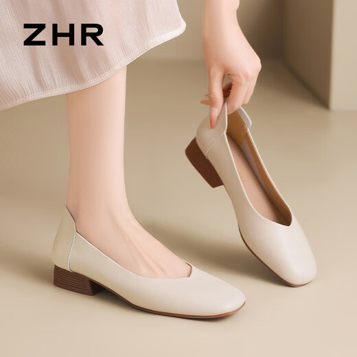 ZHR thick heel boat shoes for women, shallow mouth simple women's shoes for summer commuting single shoes for women AH677 beige 40