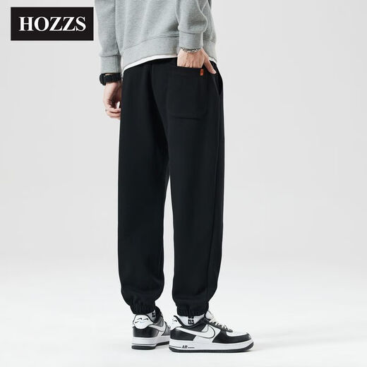 Hanzhesi Men's Summer Leisure Pants 2025 Loose Sport Pants Trendy Solid Color Drawstring Ties Junlan Black HZS-SS-6189 M