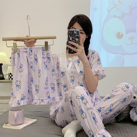 允桐夏季公主风睡衣女纯棉短袖长裤三件套可爱甜美夏天薄款大码家居服 867#草莓熊 M  建议80-100斤