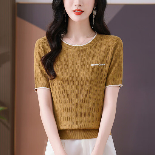 Gemila Thin Ice Seide Kurzärärmelte T-Shirt für Frauen junger Mutter Sommer Hollow 2025 Neues Bauch-Mesh-Top Beige (9201 Modell) S 100jin [Jin entspricht 0,5 kg]