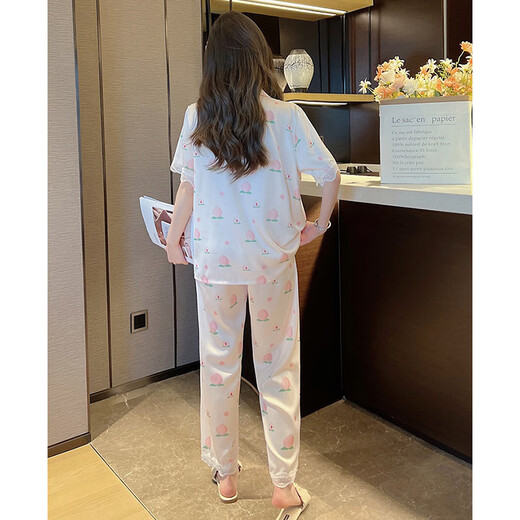 浪莎水蜜桃蕾丝睡衣女夏款冰丝滑感短袖长裤甜美家居 YFY-9905#短袖长裤 L 建议100-115斤
