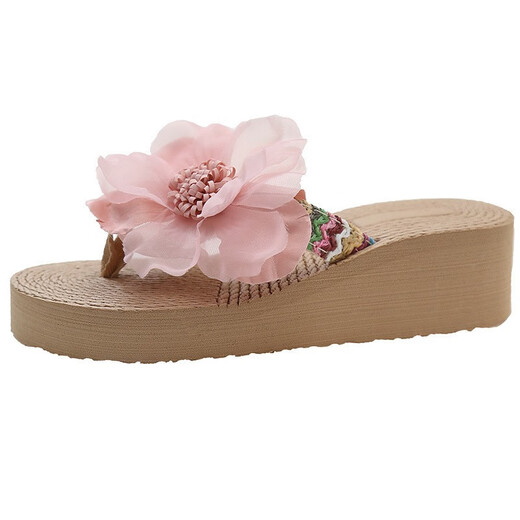Sandales de planification pour les femmes de style fée des femmes flipples d'été Fashion Paille de paille de paille fleurs épaisses semelles pastorales Vacation plage chaussures de femmes chaussures plage chaussures de plage femmes [petite fleur rose] 38 Hauteur de talon 5cm