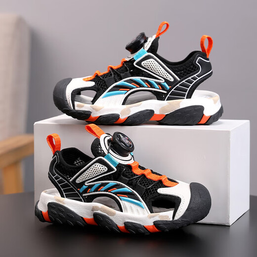 Jungen Baotou Sandalen 2025 Sommer mittelgroße Kinder Sportknöpfe Strandschuhe weiche Sohle Anti-Rutsch-Kinderschuhe 6623 Schwarze Farbe 35